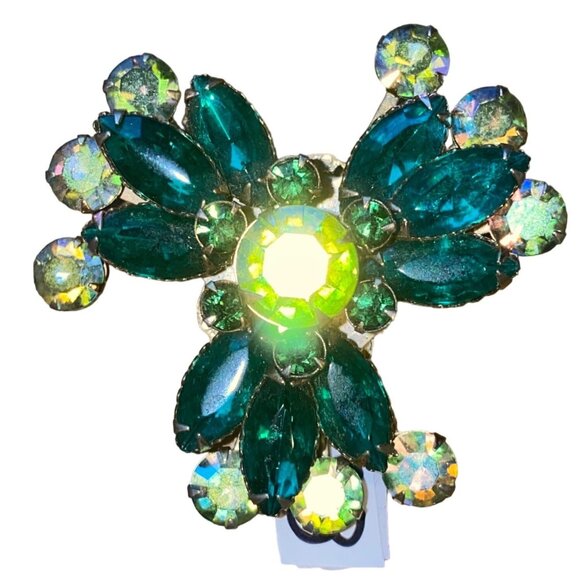 Vintage Green & Yellow Rhinestone Tri-Petaled Brooch - Picture 1 of 6